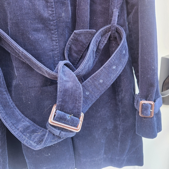 Women's Double Breasted Navy Blue Corduroy Belted Trenchcoat Size Medium - Picture 10 of 14